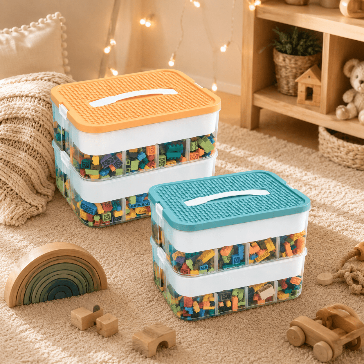Two stackable plastic toy storage bins filled with colorful building blocks, placed on a beige carpet in a cozy room setting with toys and warm string lights in the background.